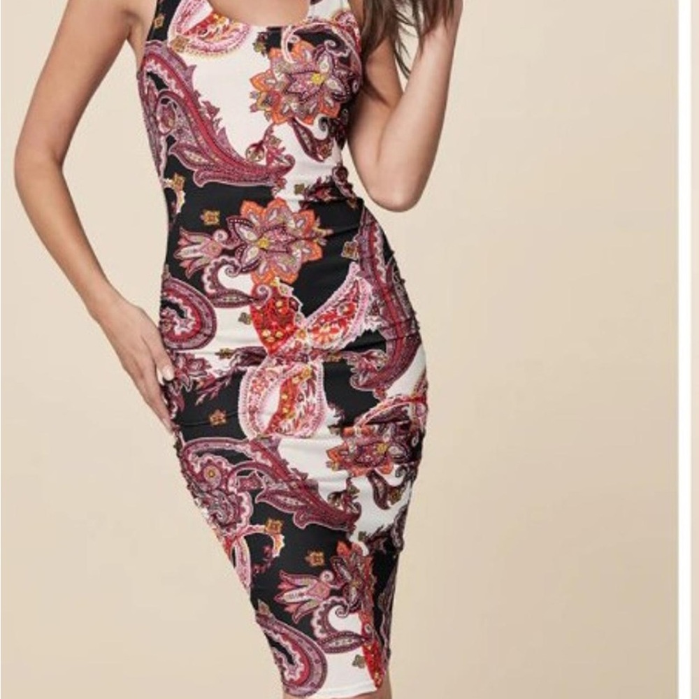 🩷 VENUS Stretchy Ruched Viscose Blend Paisley Midi Tank Dress Layering Maternity